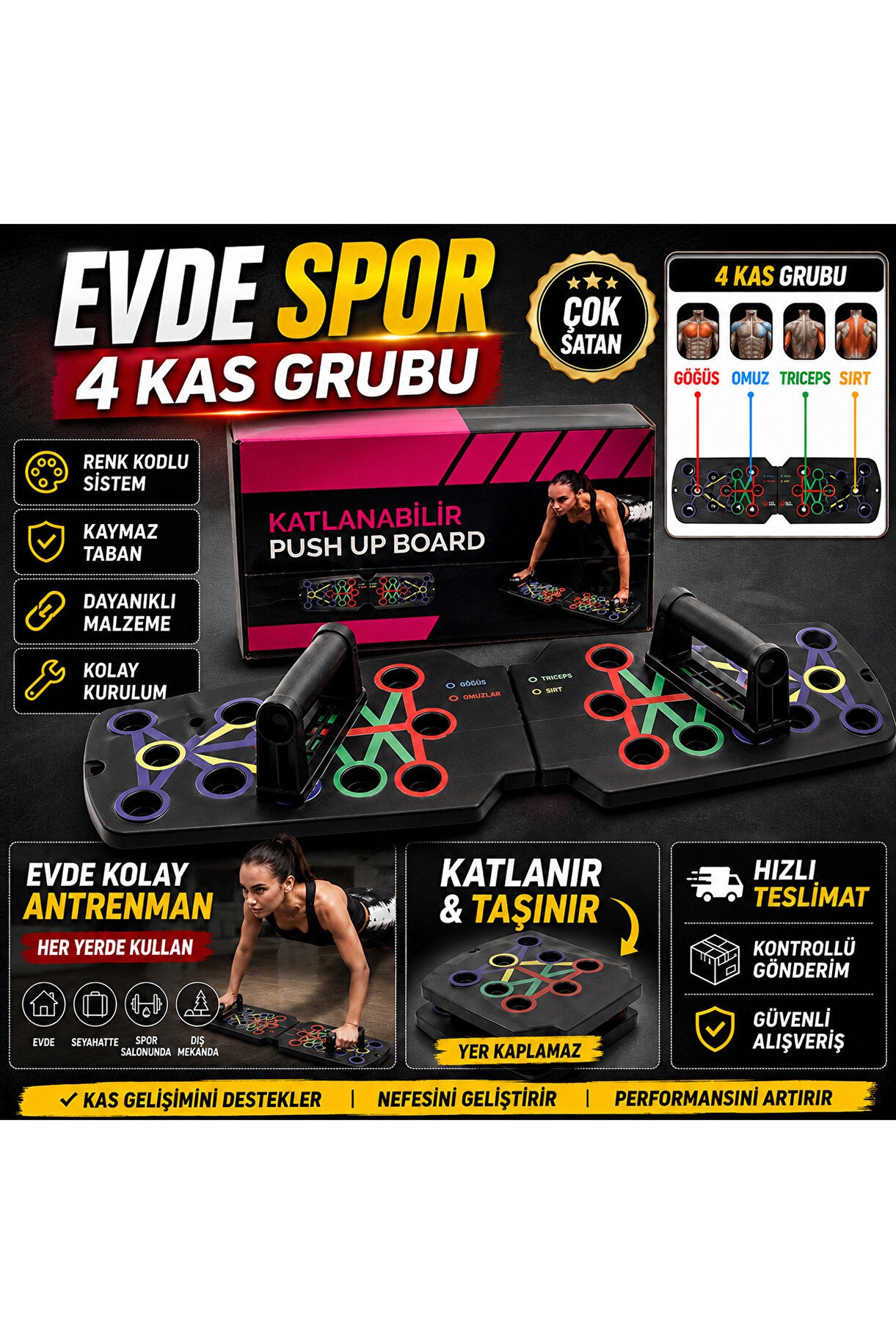 ArmoFit™ ÇOK FONKSİYONLU KATLANABİLİR ŞINAV TAHTASI (2 TANE EKSTRA HEDİYELİ)